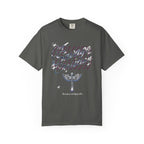 Gray t-shirt with graphic design and text on a white background