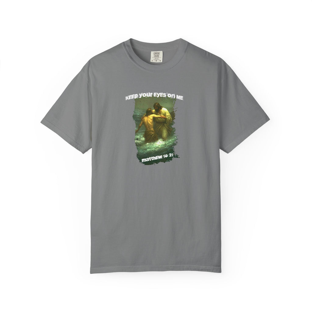 Gray t-shirt with graphic design and text on a white background