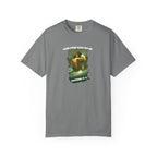 Gray t-shirt with graphic design and text on a white background