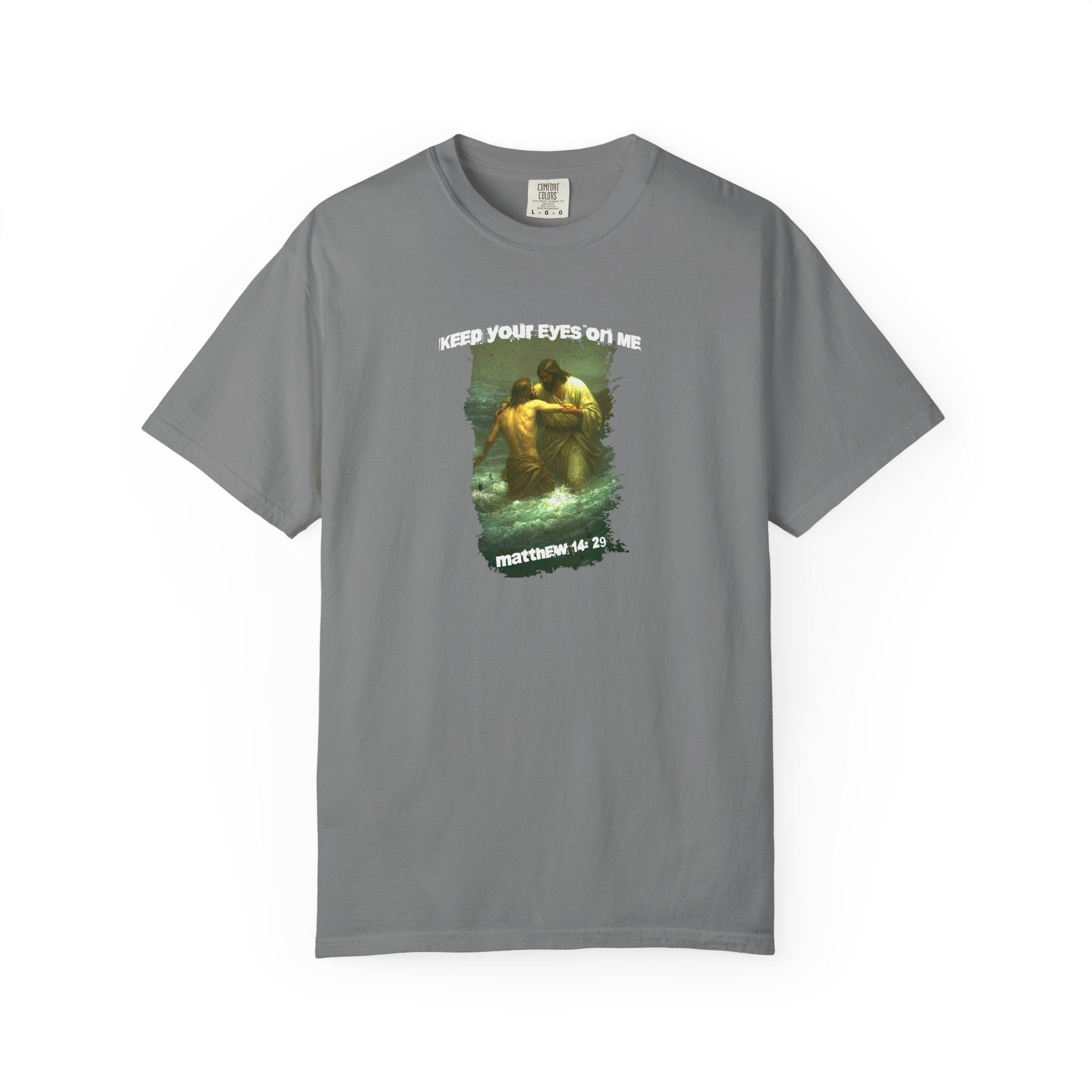 Gray t-shirt with graphic design and text on a white background