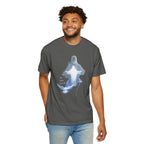 Man wearing a gray t-shirt with a blue ghost-like graphic design on a white background