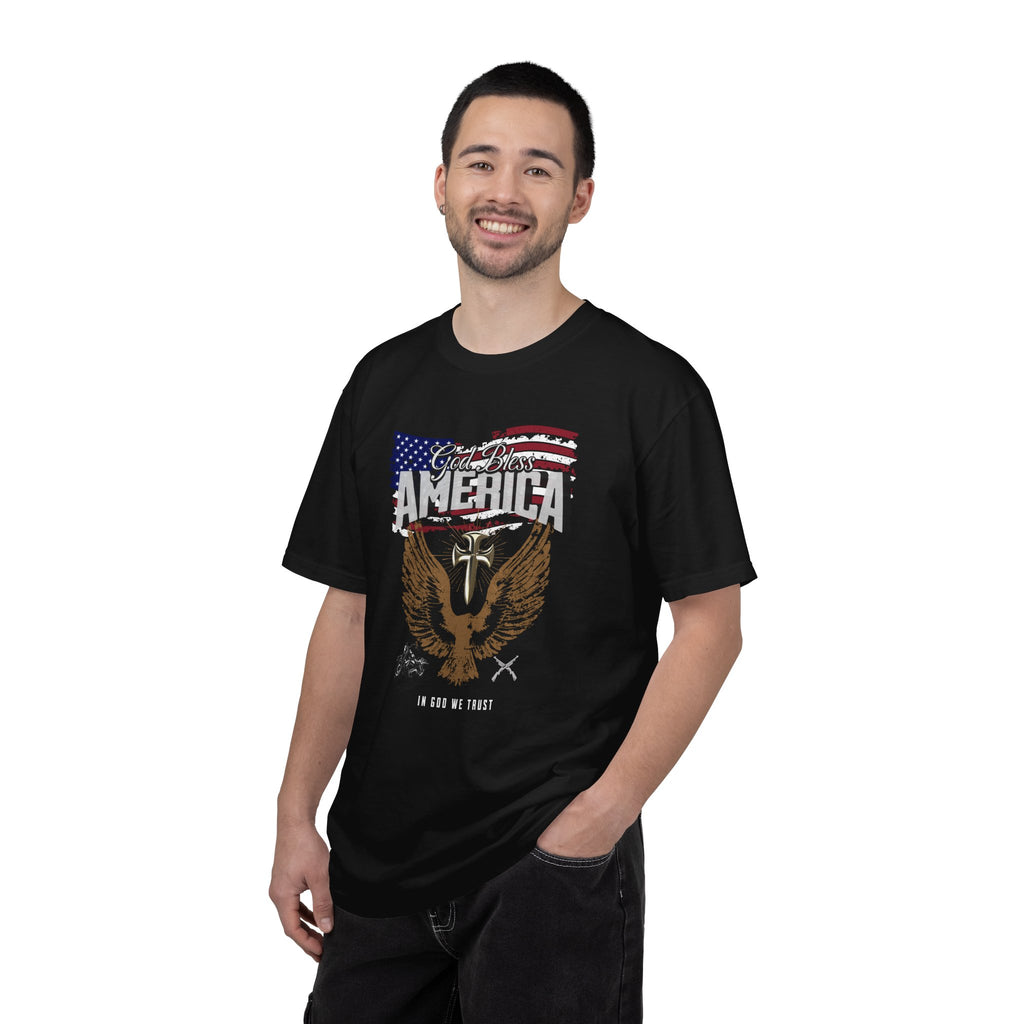 Man wearing a black t-shirt with an eagle and American flag design on a white background