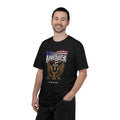 Man wearing a black t-shirt with an eagle and American flag design on a white background