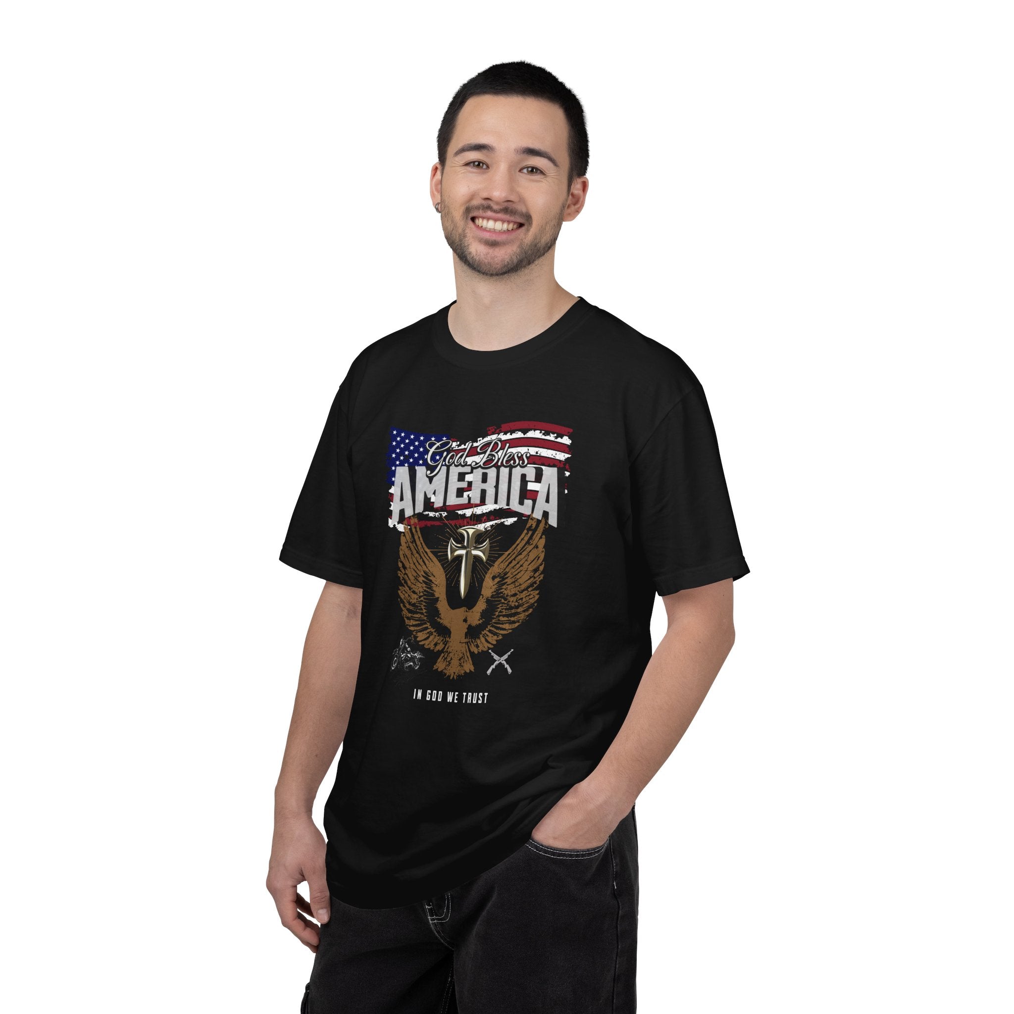 Man wearing a black t-shirt with an eagle and American flag design on a white background