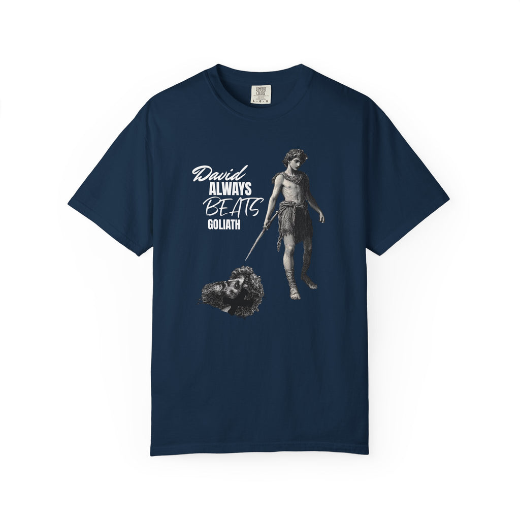 Navy blue t-shirt with graphic design and text 'David Always Beats Goliath' on a white background