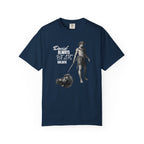 Navy blue t-shirt with graphic design and text 'David Always Beats Goliath' on a white background
