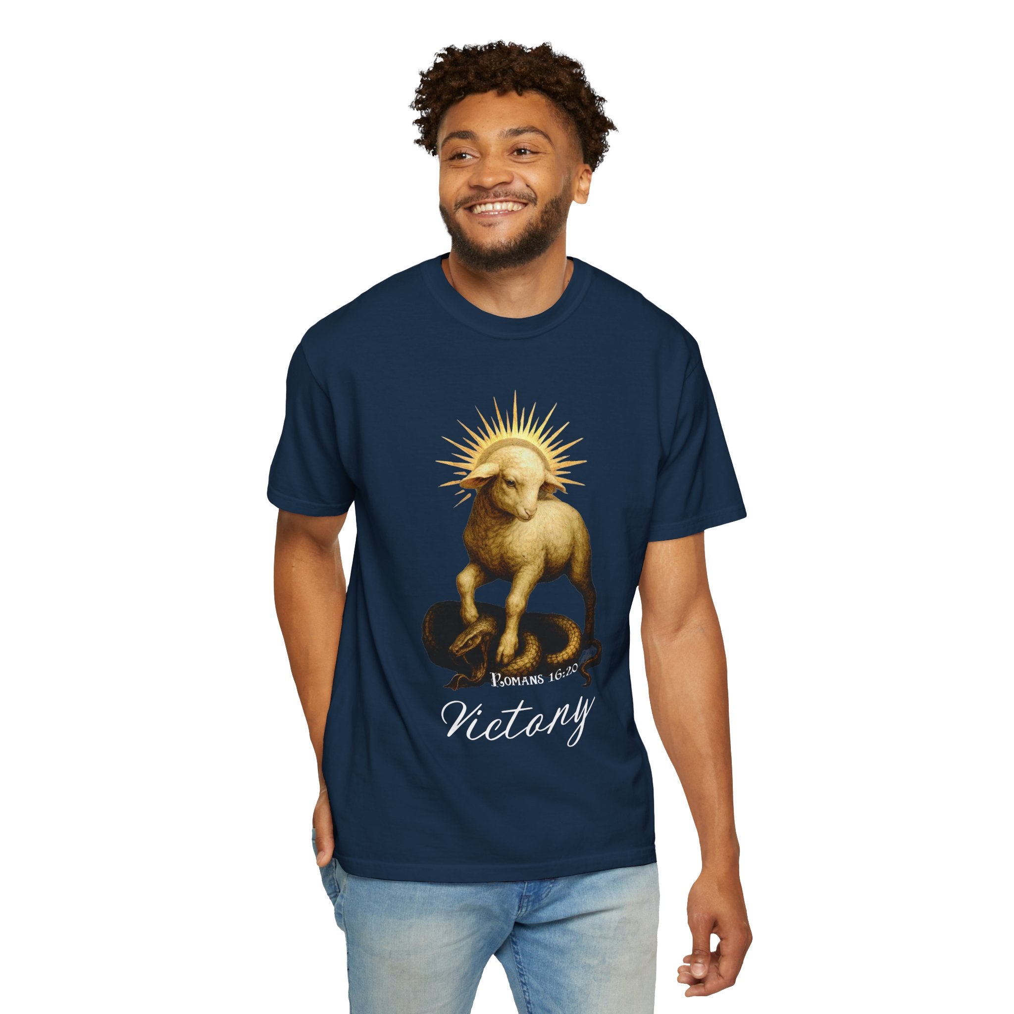 Man wearing a navy blue t-shirt with a graphic design on a white background