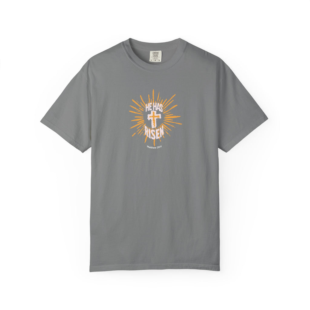 Blue t-shirt with a graphic design and text on a white background