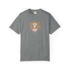 Blue t-shirt with a graphic design and text on a white background