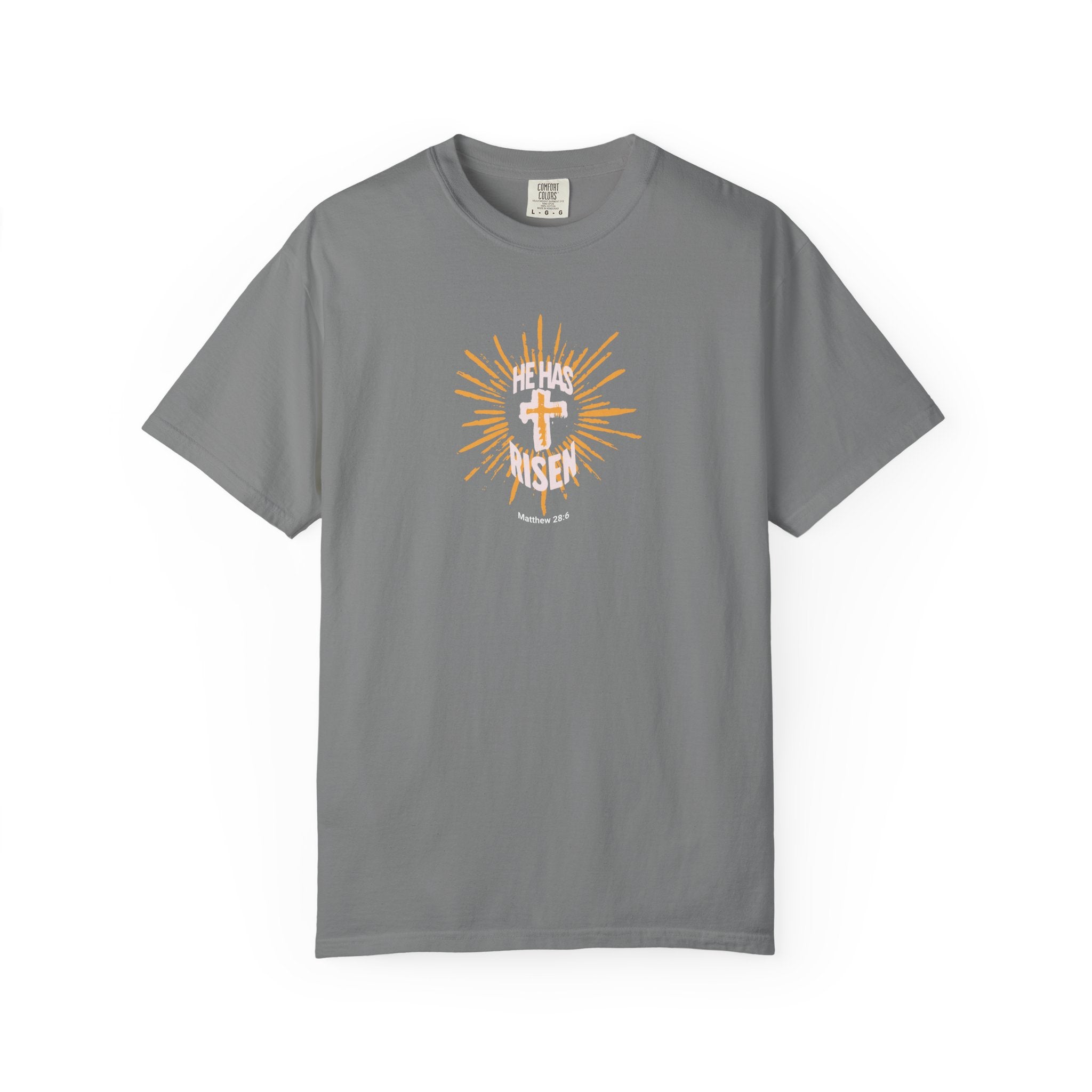 Blue t-shirt with a graphic design and text on a white background