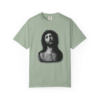 Light green t-shirt with a black and white graphic of a man's head on a white background