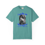 Teal t-shirt with graphic design and text on a white background