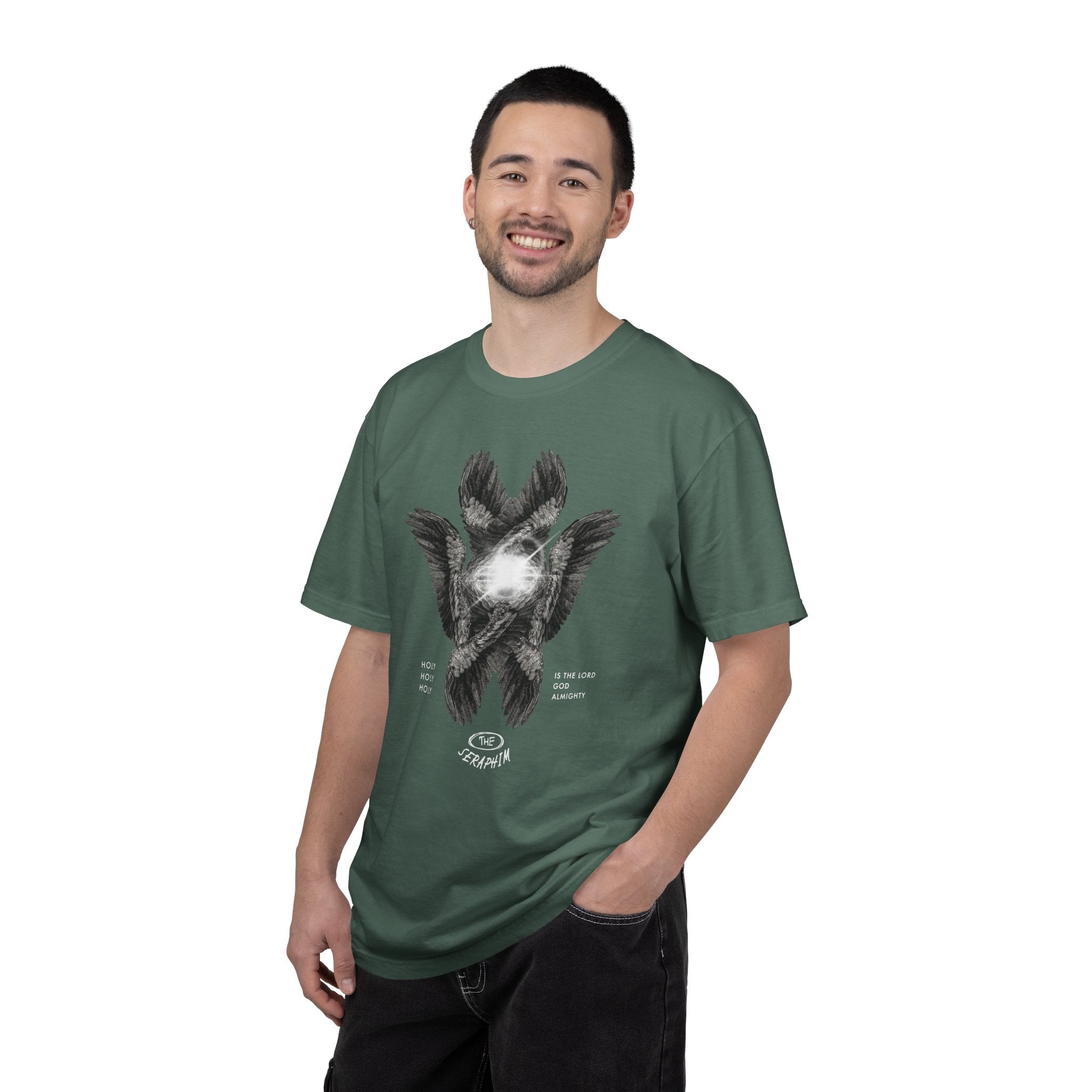 Man wearing a green t-shirt with a graphic design on a white background
