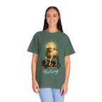Person wearing a green t-shirt with a graphic design on a white background