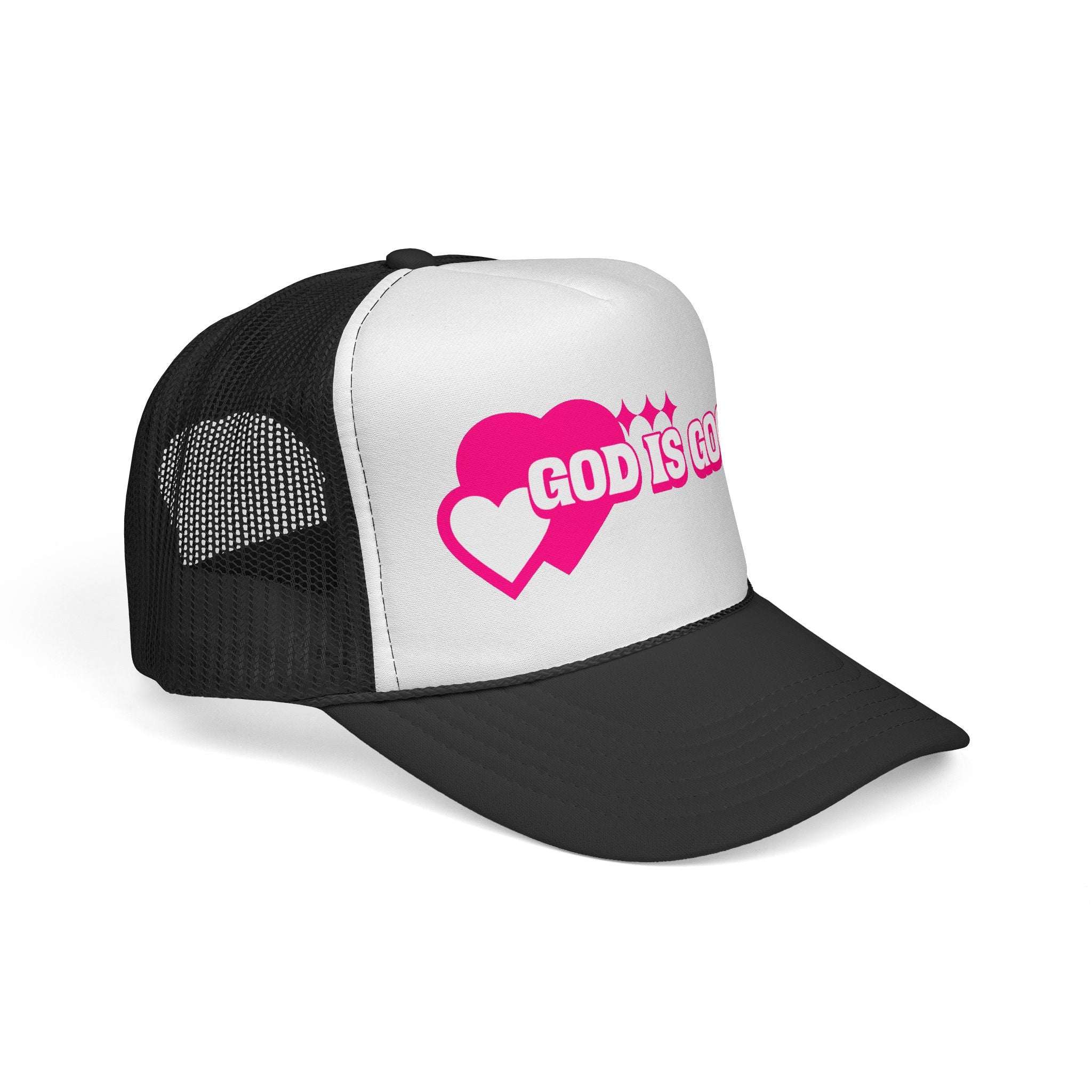 God Is Good Pink Heart Trucker Cap