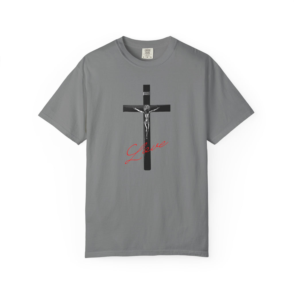 Gray t-shirt with a crucifixion design on a white background