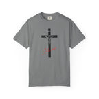 Gray t-shirt with a crucifixion design on a white background