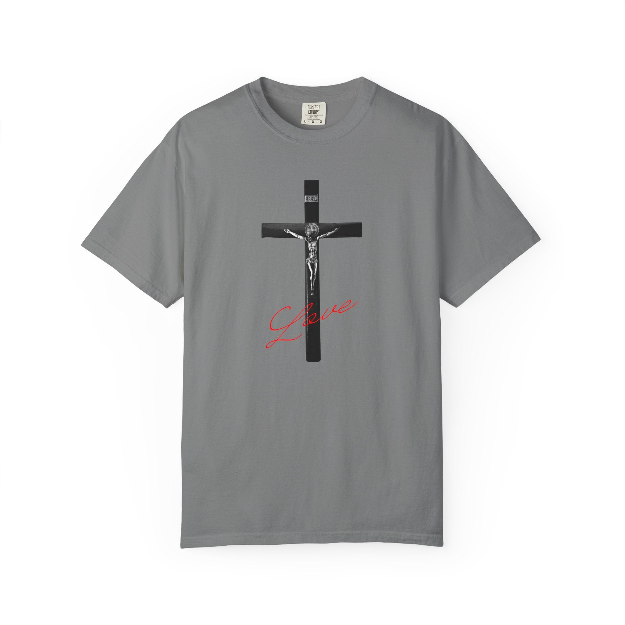 Gray t-shirt with a crucifixion design on a white background