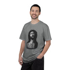 Man wearing a gray t-shirt with a graphic design on a white background