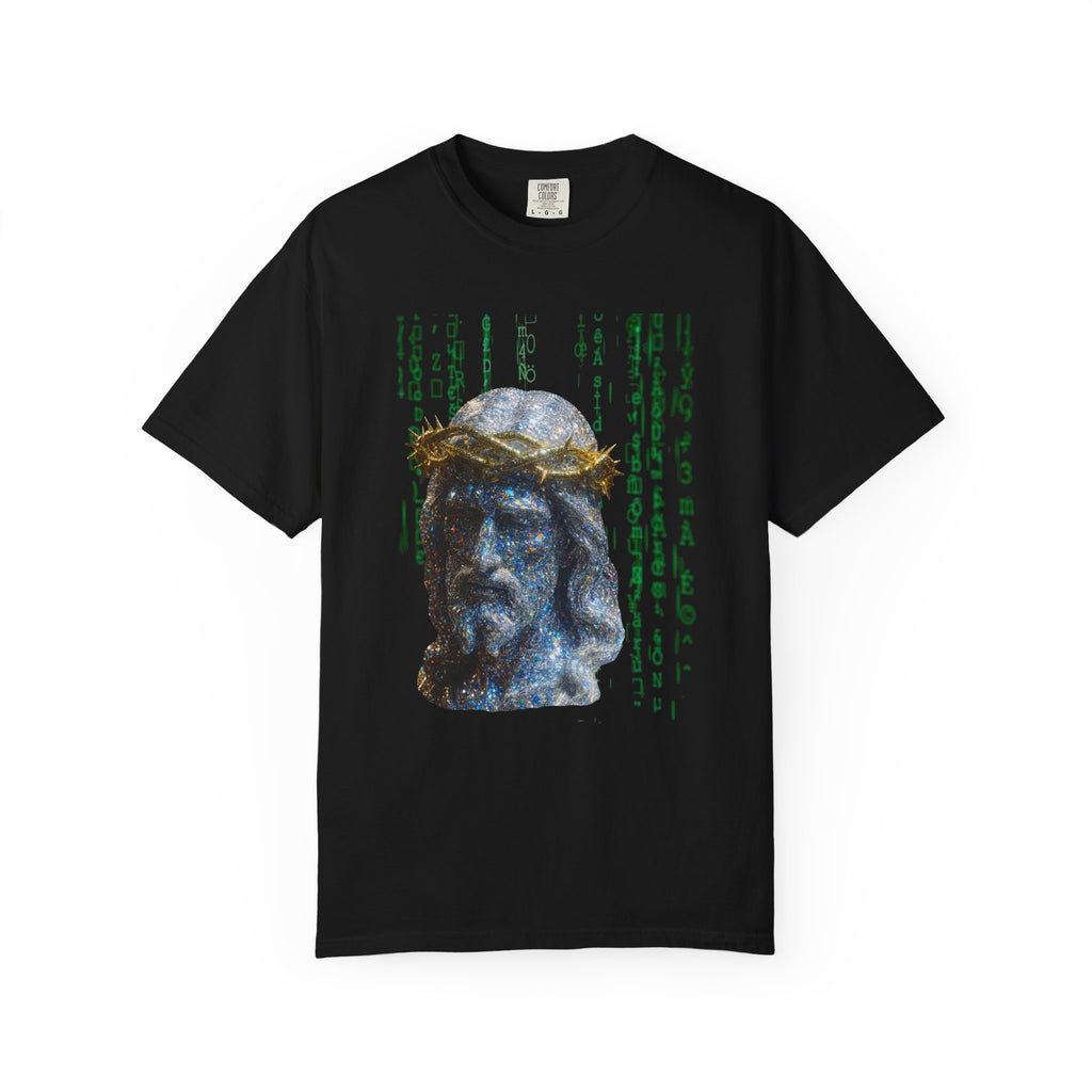 Black t-shirt with a graphic design of a face with a crown and text on a white background