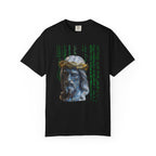 Black t-shirt with a graphic design of a face with a crown and text on a white background