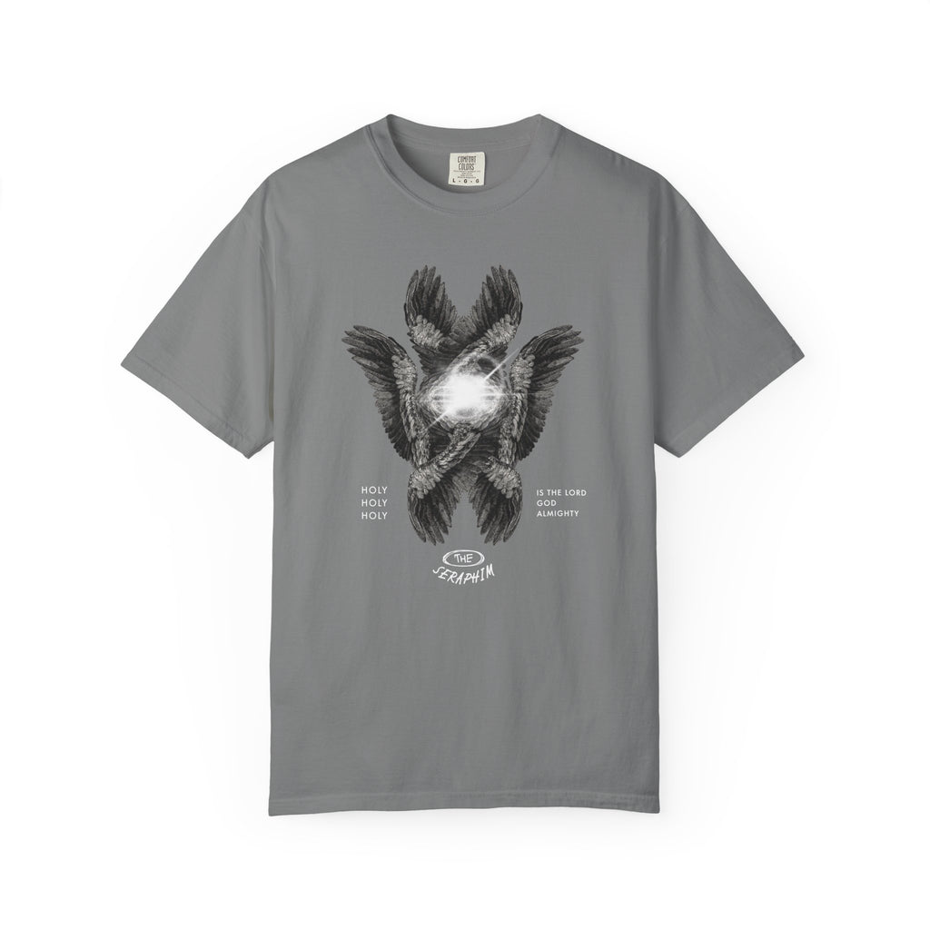 Gray t-shirt with a graphic design on a white background