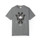 Gray t-shirt with a graphic design on a white background