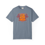 Gray t-shirt with red and orange text and graphics on a white background
