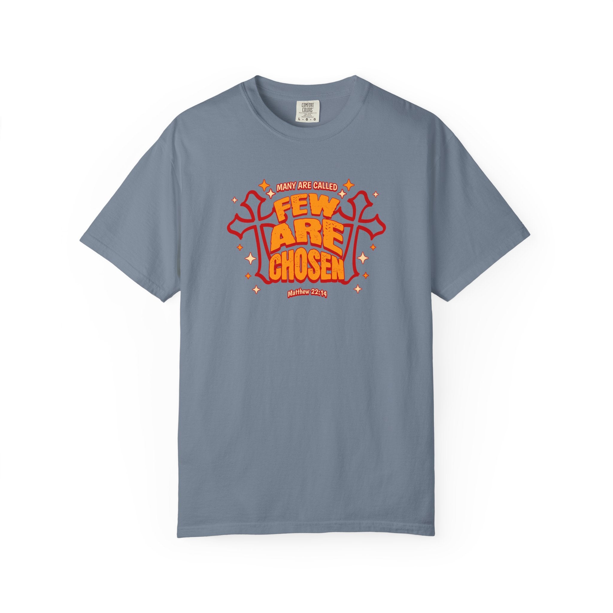 Gray t-shirt with red and orange text and graphics on a white background