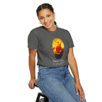 Person wearing a gray t-shirt with a colorful graphic design on a white background