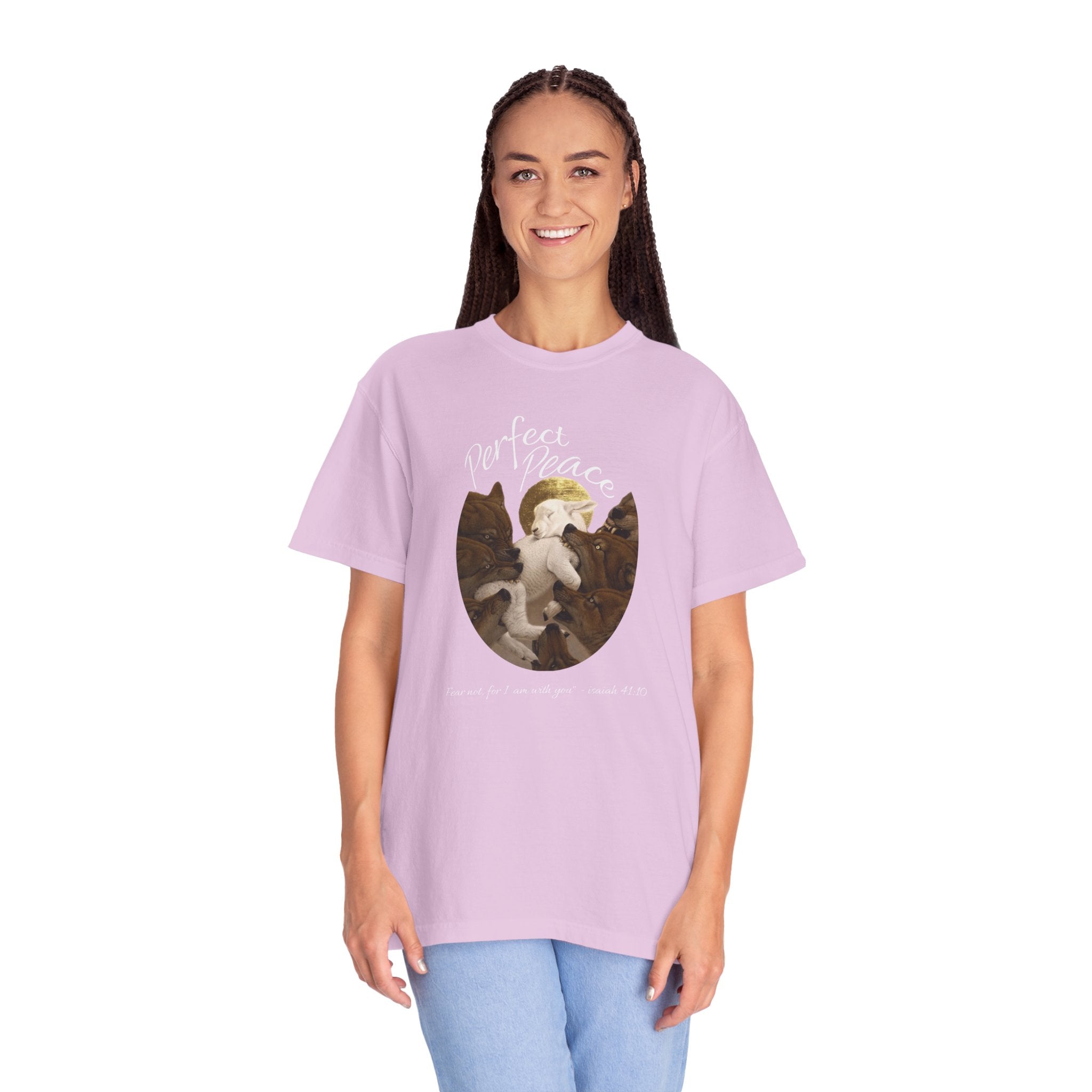 Person wearing a light purple t-shirt with a graphic design on a white background