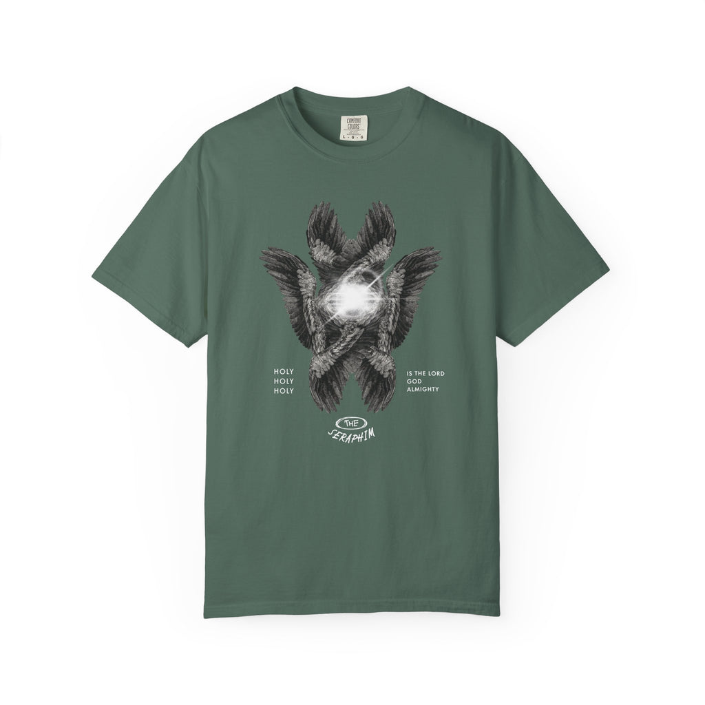 Green t-shirt with text 'Powered by caffeine & band rehearsals' on a white background