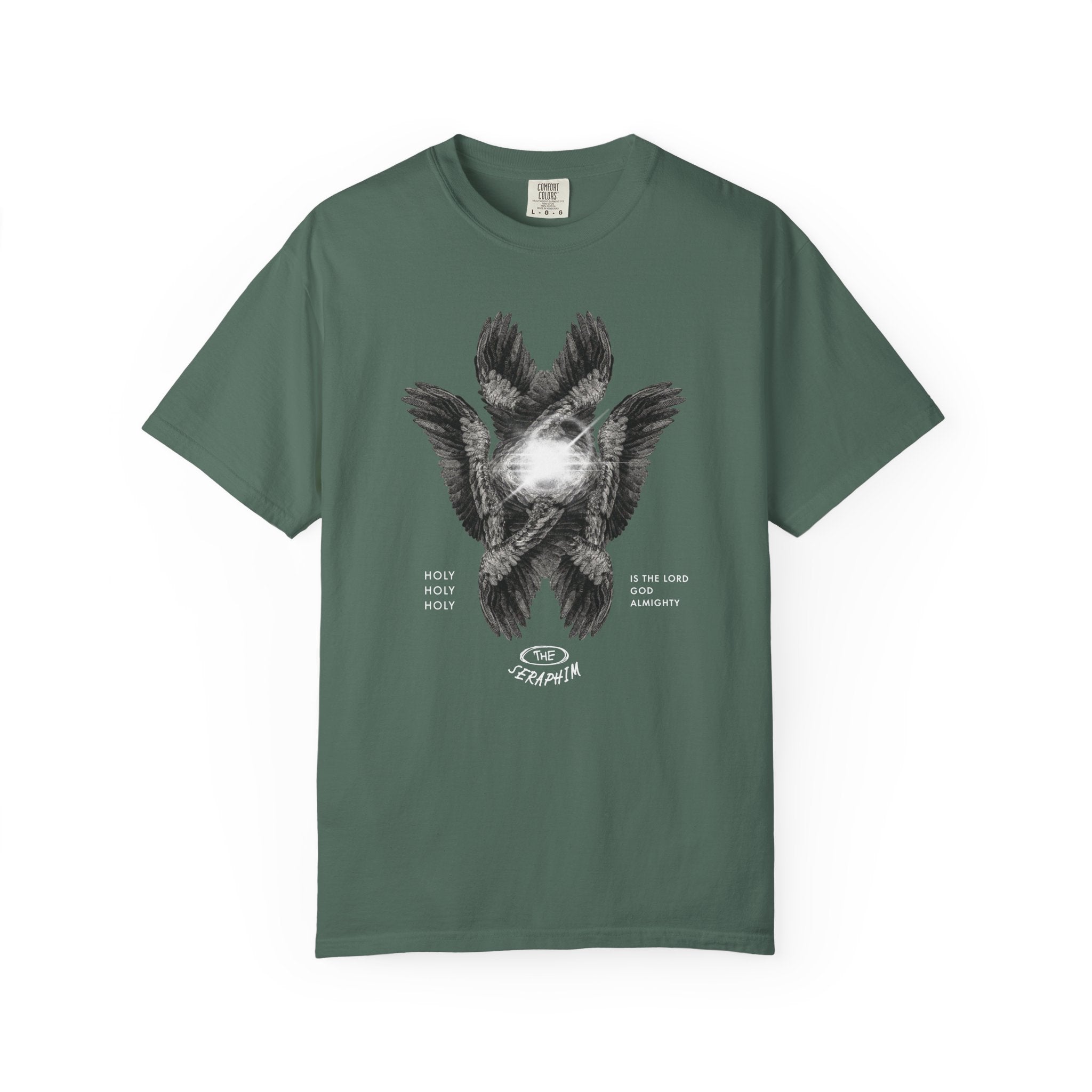 Green t-shirt with text 'Powered by caffeine & band rehearsals' on a white background