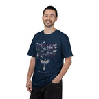 Man wearing a navy blue t-shirt with graphic design and text on a white background