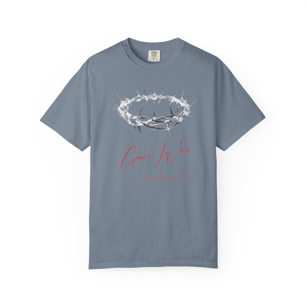 Gray t-shirt with a crown of thorns graphic and 'Grace Wins' text on a white background