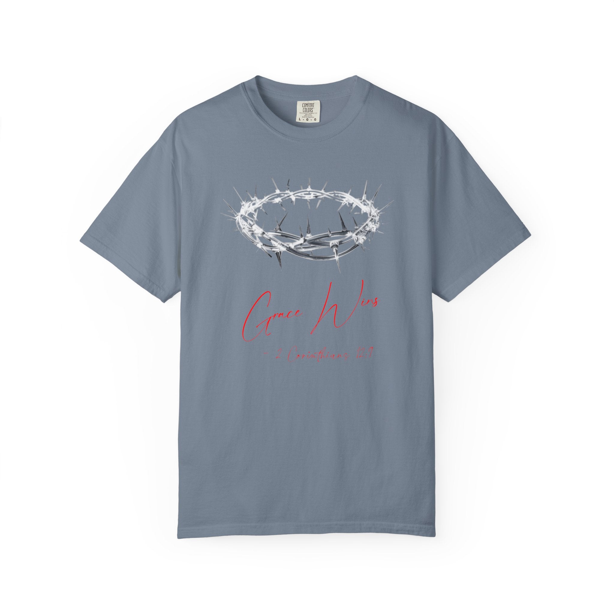 Gray t-shirt with a crown of thorns graphic and 'Grace Wins' text on a white background