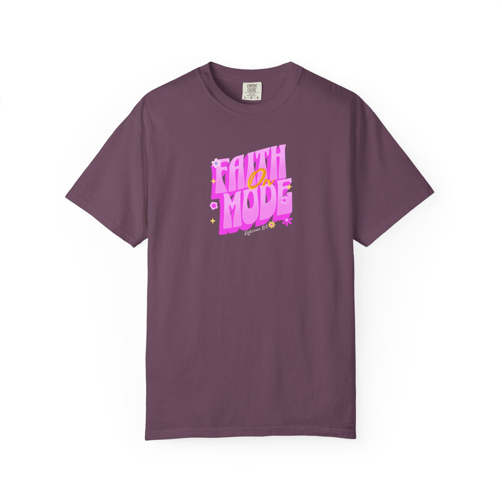 Purple t-shirt with pink and yellow text on a white background