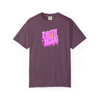 Purple t-shirt with pink and yellow text on a white background
