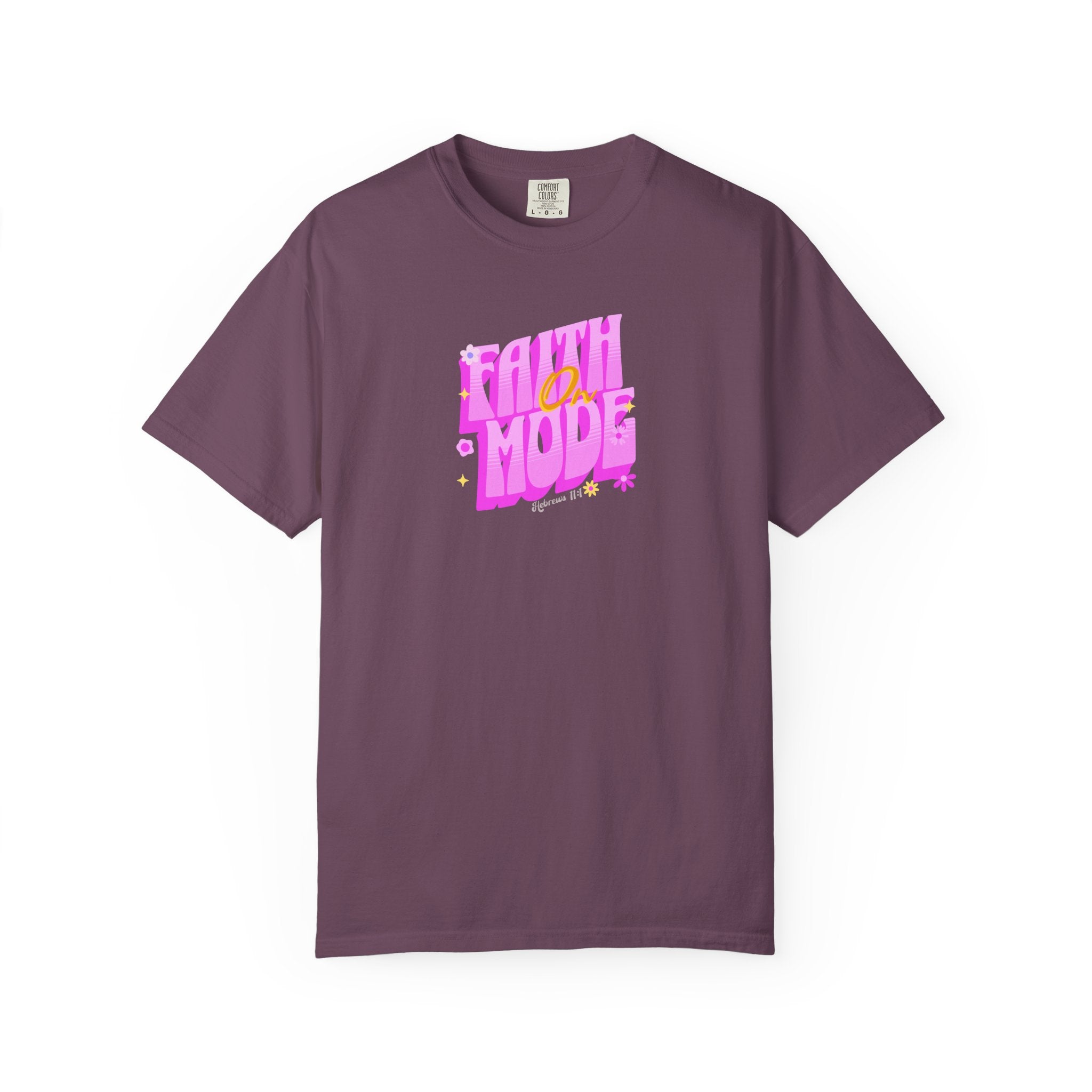 Purple t-shirt with pink and yellow text on a white background