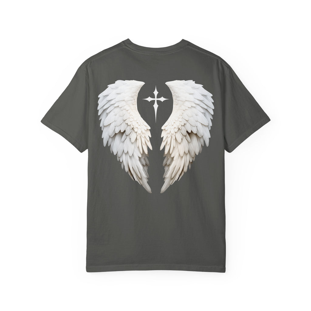 Gray t-shirt with white angel wings and a cross design on the back against a white background