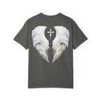 Gray t-shirt with white angel wings and a cross design on the back against a white background