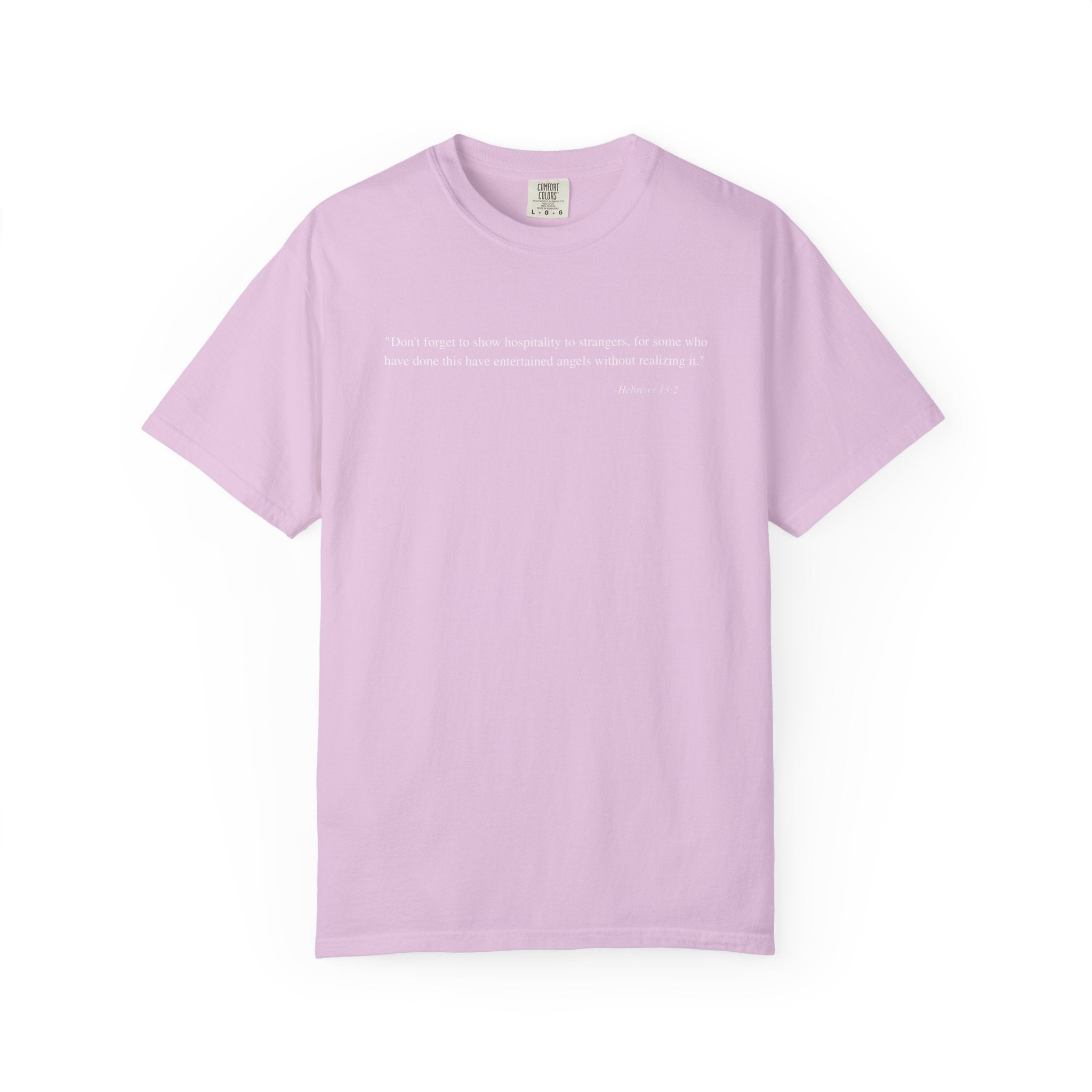 Light purple t-shirt with text on a white background