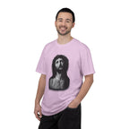 Person wearing a pink t-shirt with a graphic design on a white background