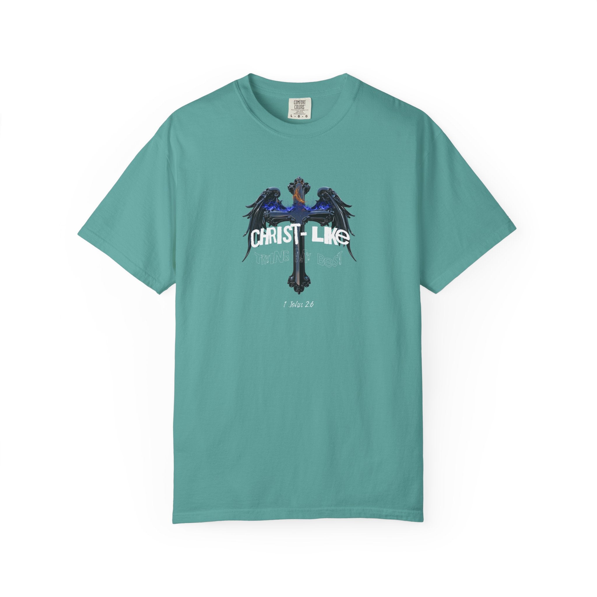 Teal t-shirt with motivational graphic and text on a white background