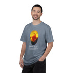 Man wearing a gray t-shirt with a graphic design on a white background