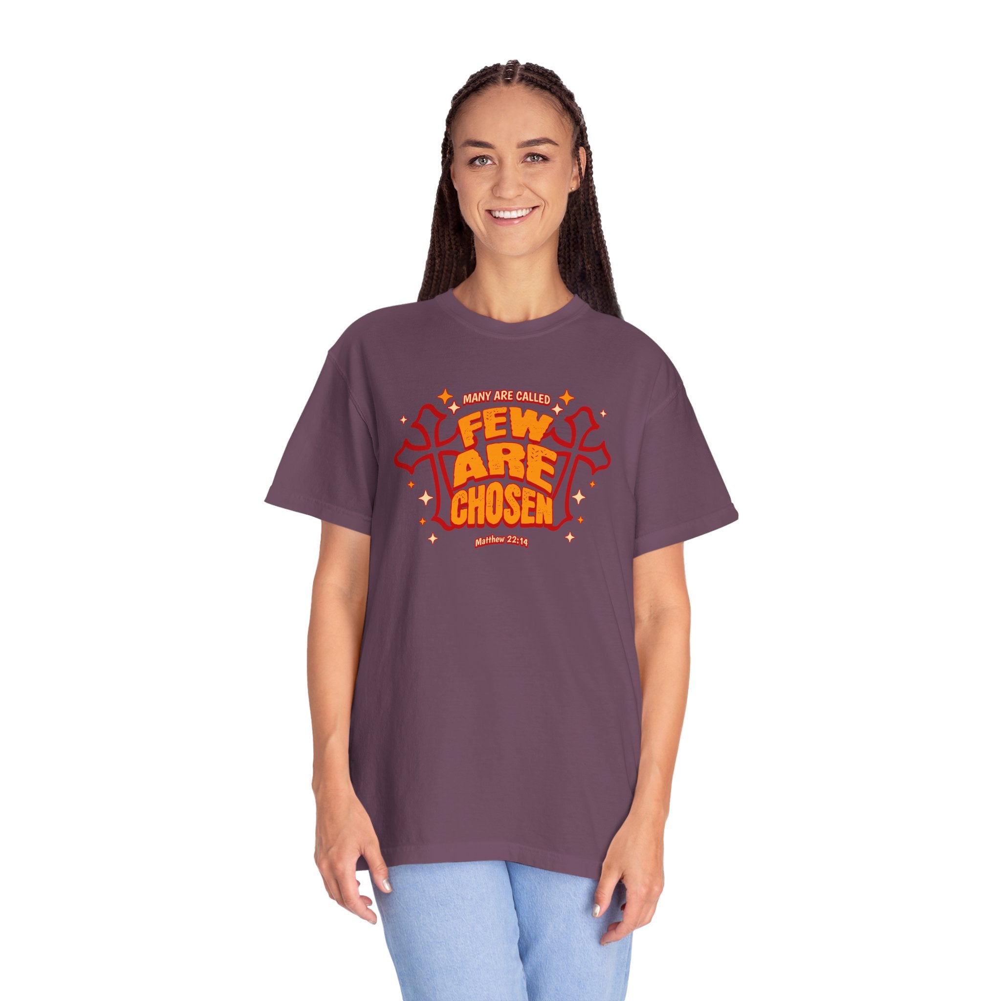 Person wearing a purple t-shirt with red text on a white background