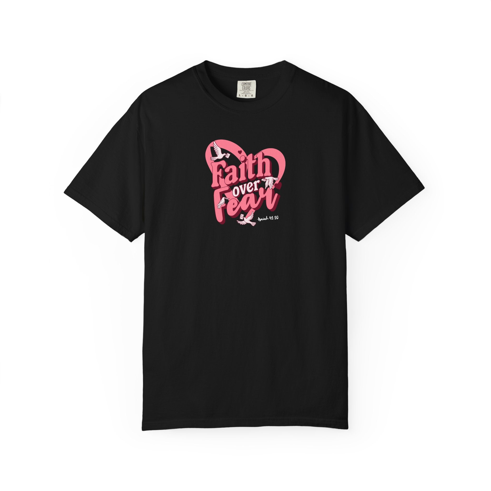 Black t-shirt with pink and white graphic design on a white background