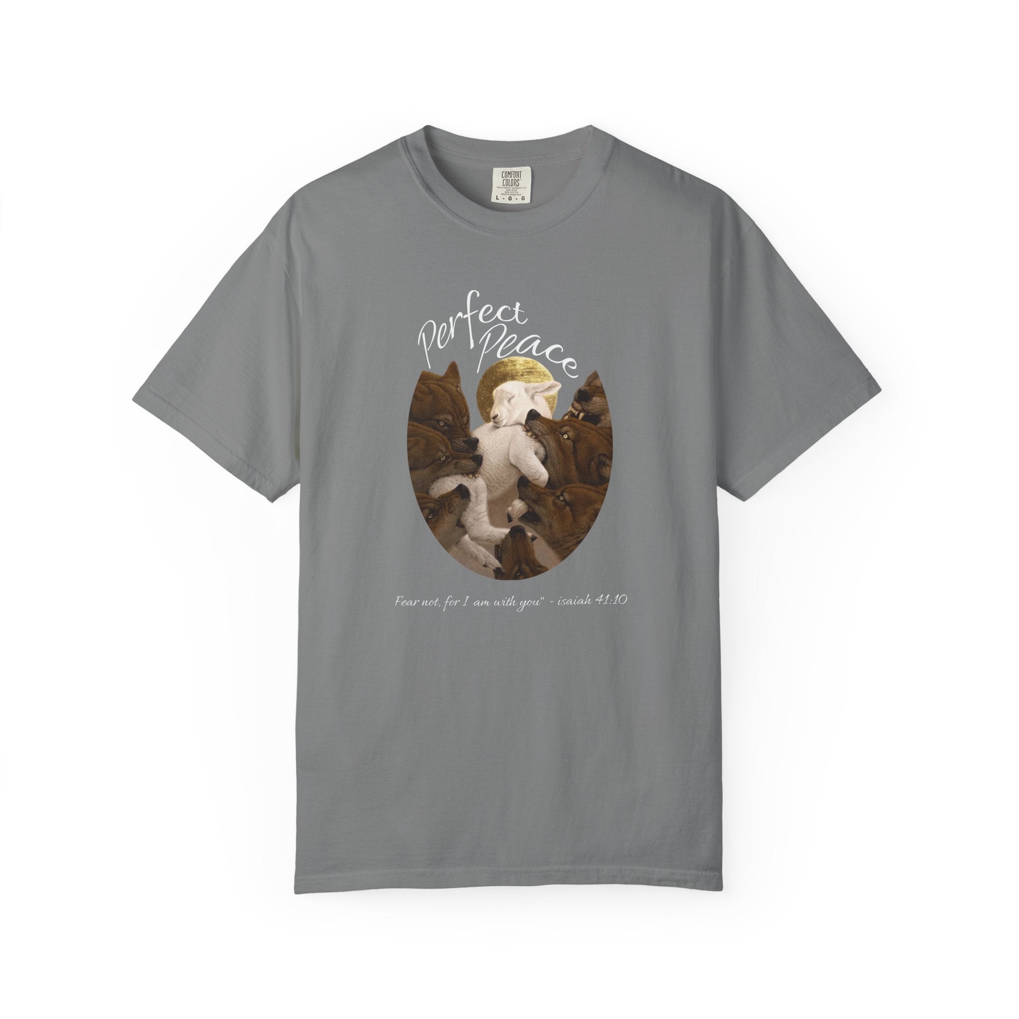 Gray t-shirt with a graphic design of a dog and cats and text 'Perfect Peace' on a white background.