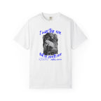White t-shirt with graphic design and text on a white background