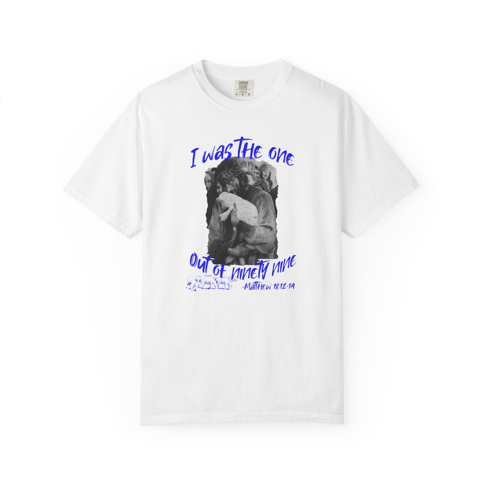 White t-shirt with graphic design and text on a white background